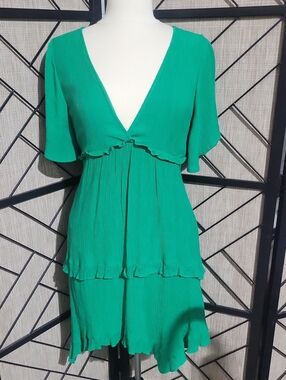 Umgee Emerald Green V-Neck Ruffle Mini Dress